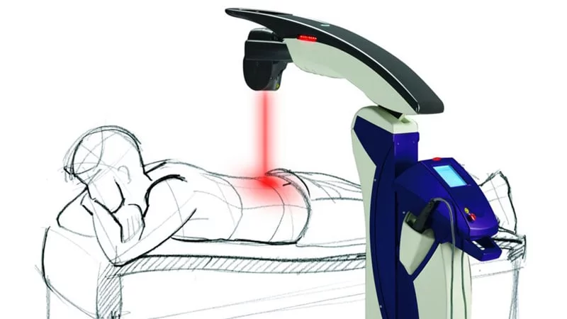 A diagram showing how the laser therapy machine works on a patient's lower back