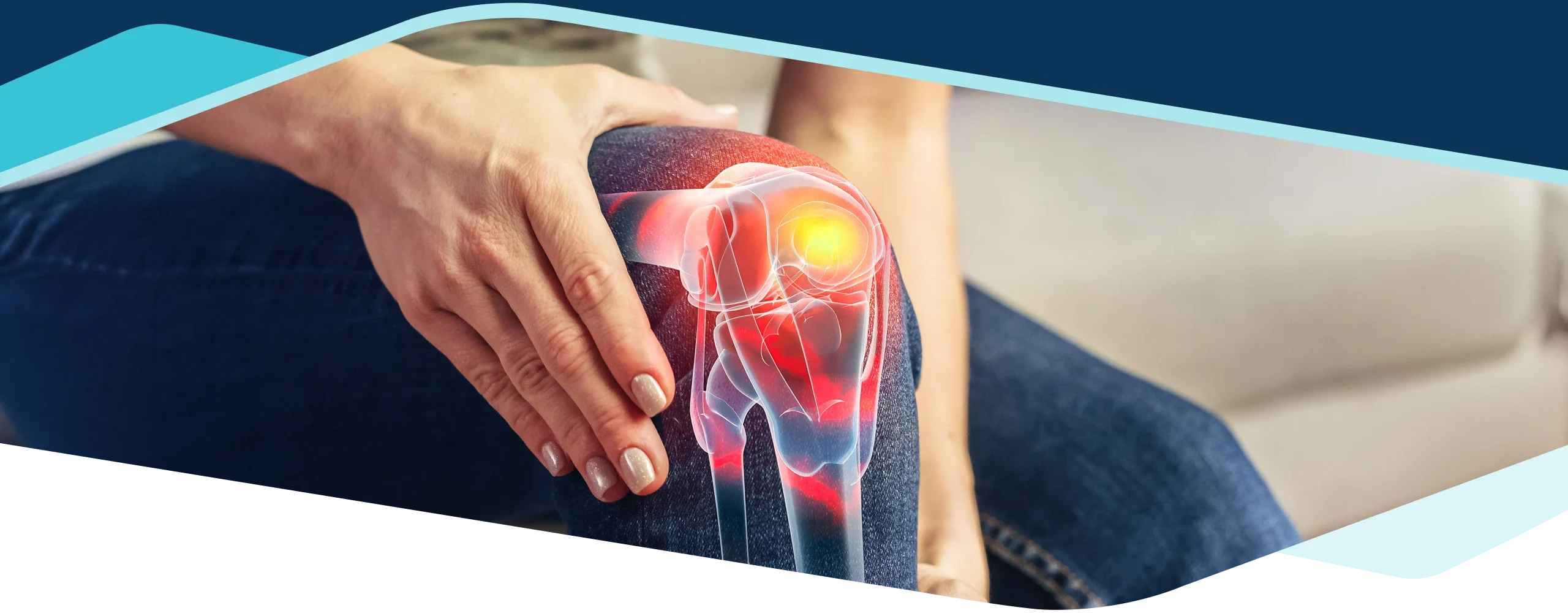 A computerized 3D image of an inflamed knee superimposed on a photo of a person's knee