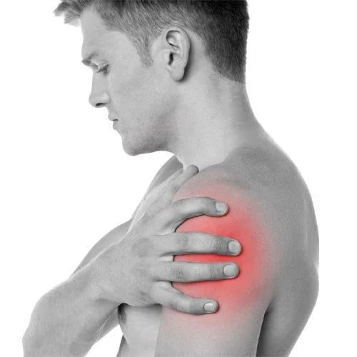 A man with shoulder pain indicated with red highlighting
